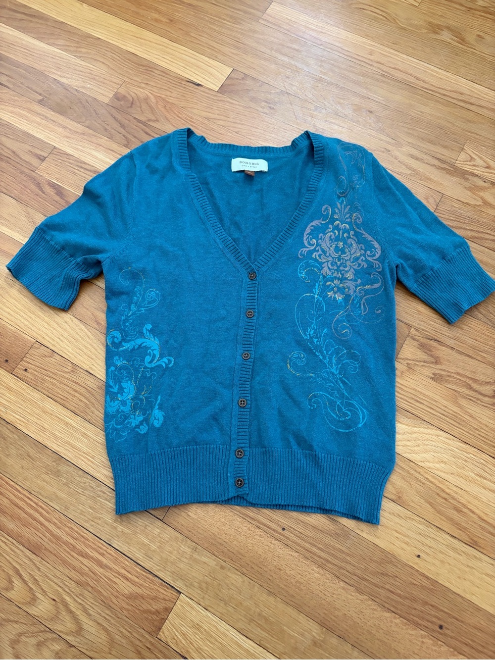 Sonoma Teal V-Neck Short-Sleeve Cardigan with Scroll Print